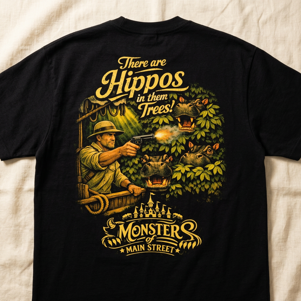 Hippos in Them Trees — back print on heavyweight black tee