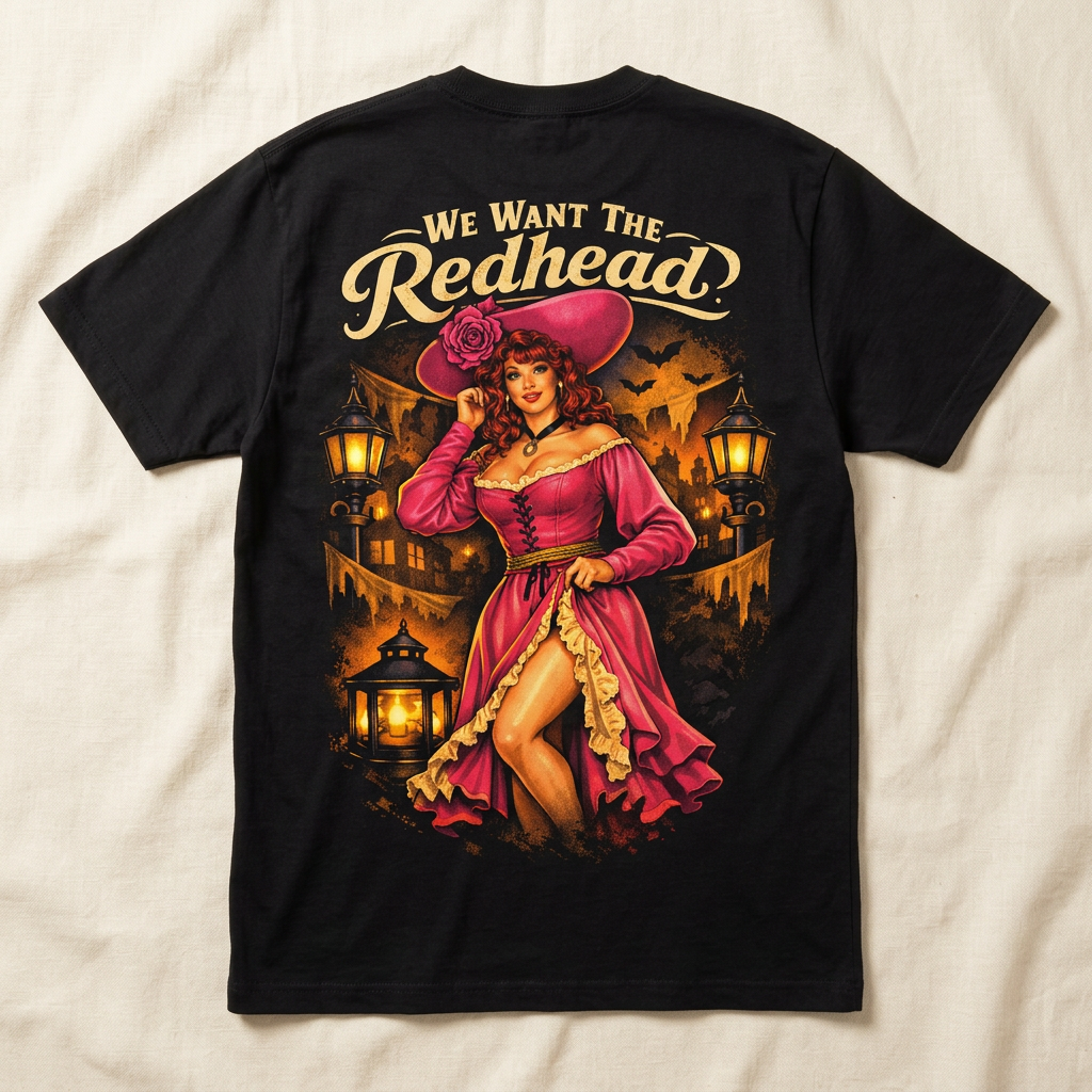 We Want The Redhead — back print on heavyweight black tee