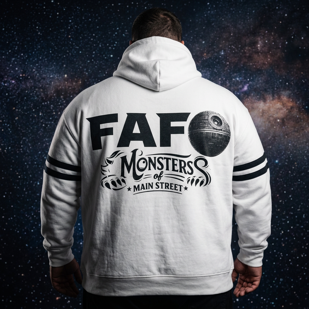 FAFO Trooper White hoodie on a big and tall back-view model
