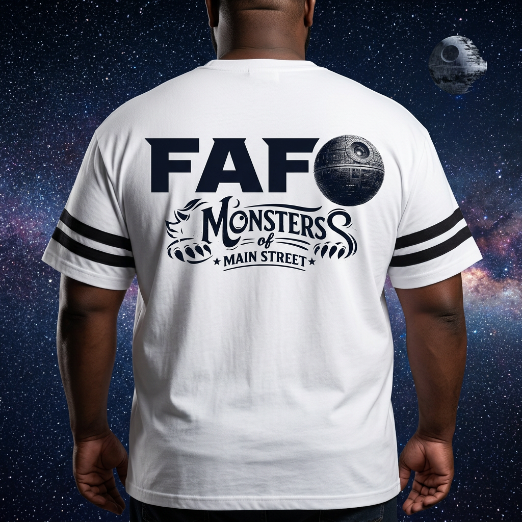 FAFO Trooper White tee on a big and tall back-view model