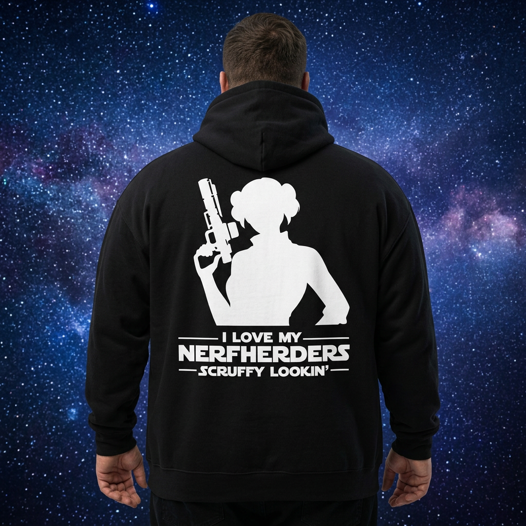 Scruffy Lookin' Void Black hoodie on a big and tall back-view model
